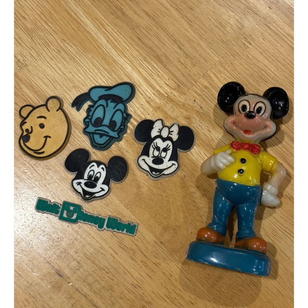 Vintage 1960's Walt Disney Mickey Mouse Figurine & Rubber Magnet Lot Pooh Donald